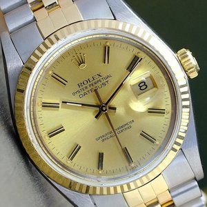 ROLEX MENS DATEJUST 18KY GOLD & STEEL CHAMPAGNE DIAL FLUTED BEZEL 36MM WATCH